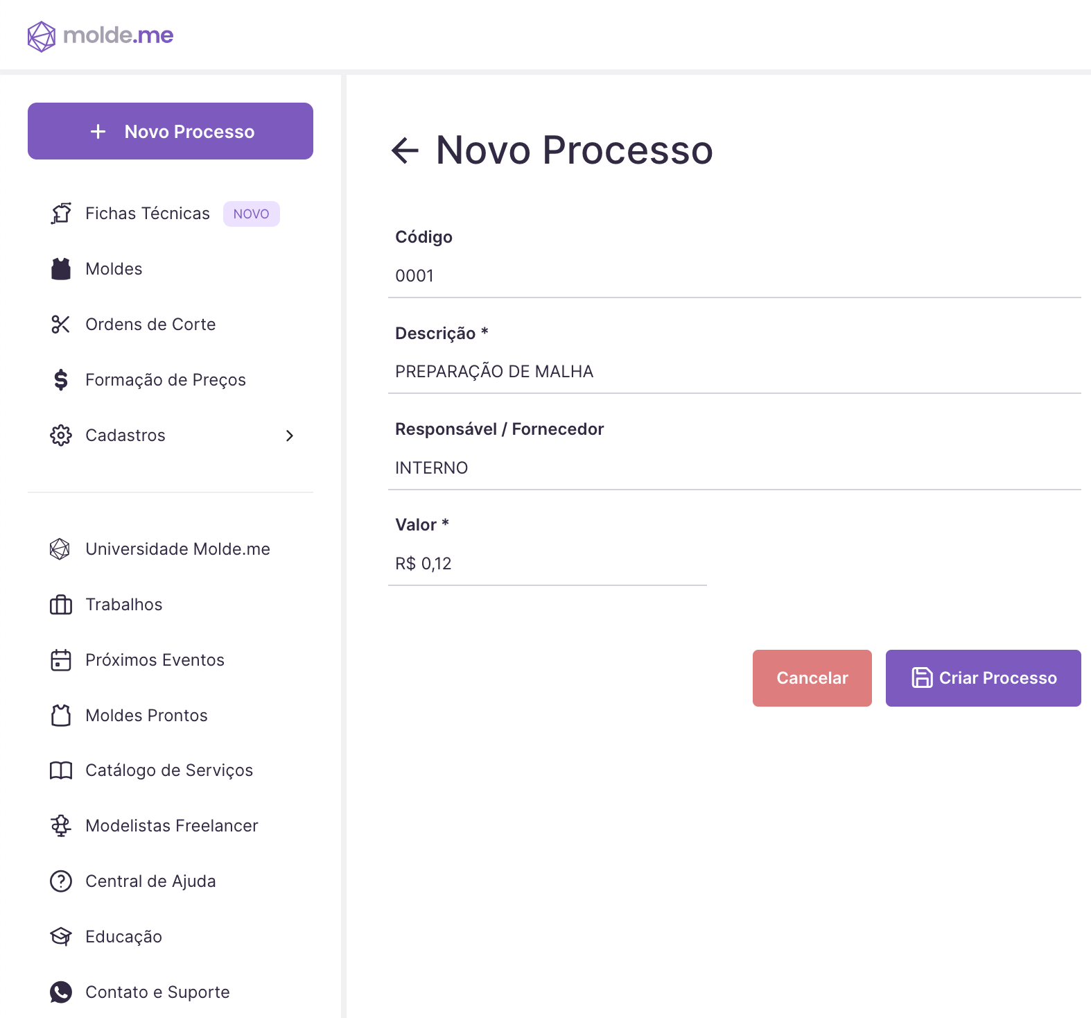 Dados de cadastro do novo processo da Molde.me 