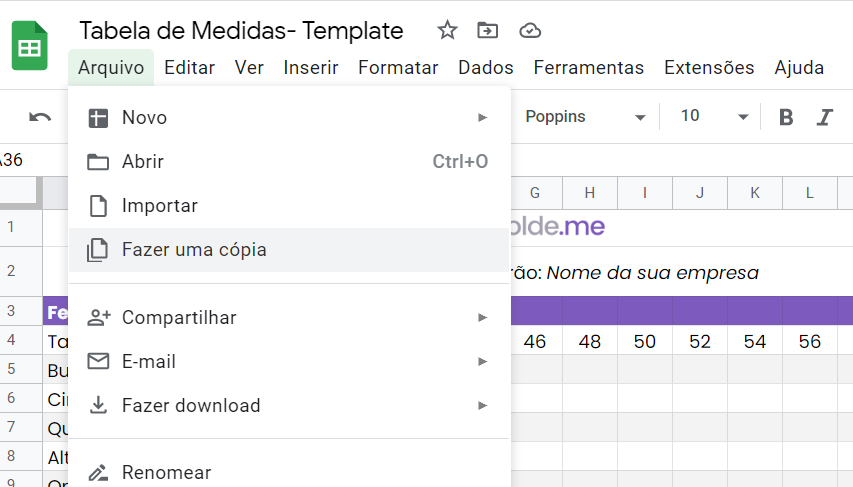 Template de tabela de medidas