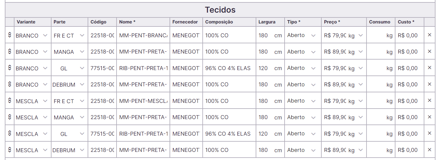 Área de Cadastro de Tecidos na Ficha Técnica de Moda