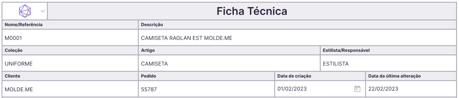 Cabeçalho da ficha técnica de moda da Molde.me