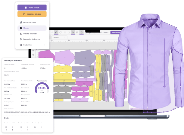 Sistema de Modelagem Digital e Encaixe Automático da Molde.me, imagem ilustrativa mostrando camisa social e telas do sistema